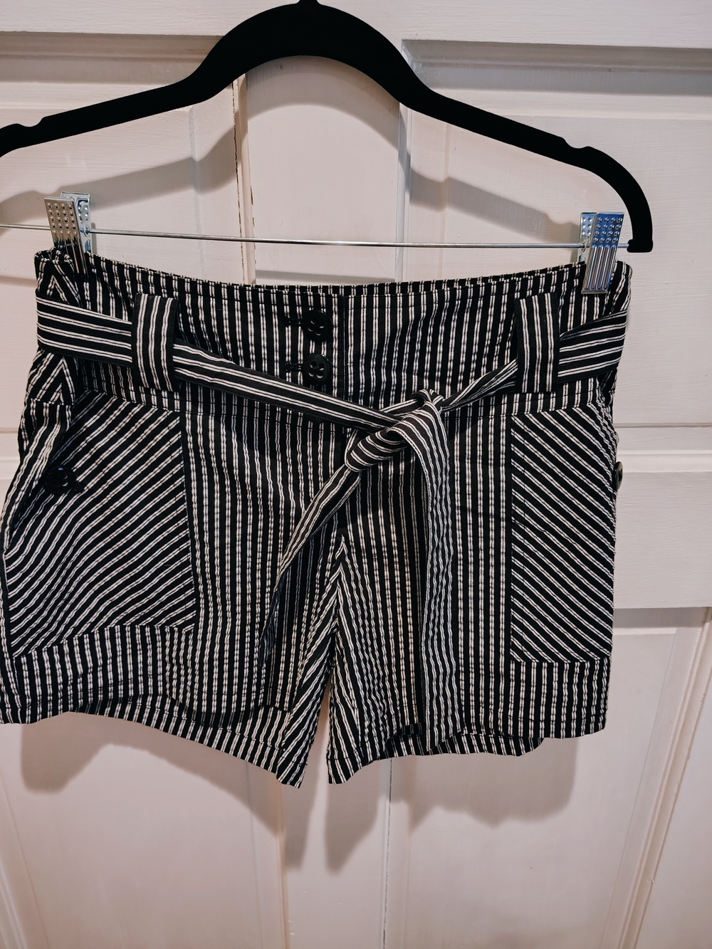 Michael Kors Black & White Striped High-Waist Tie Shorts